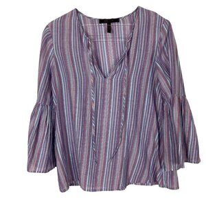 BCBG Maxazria Top Womens Small Blue Red Stripe Flare Sleeve Boho Blouse
